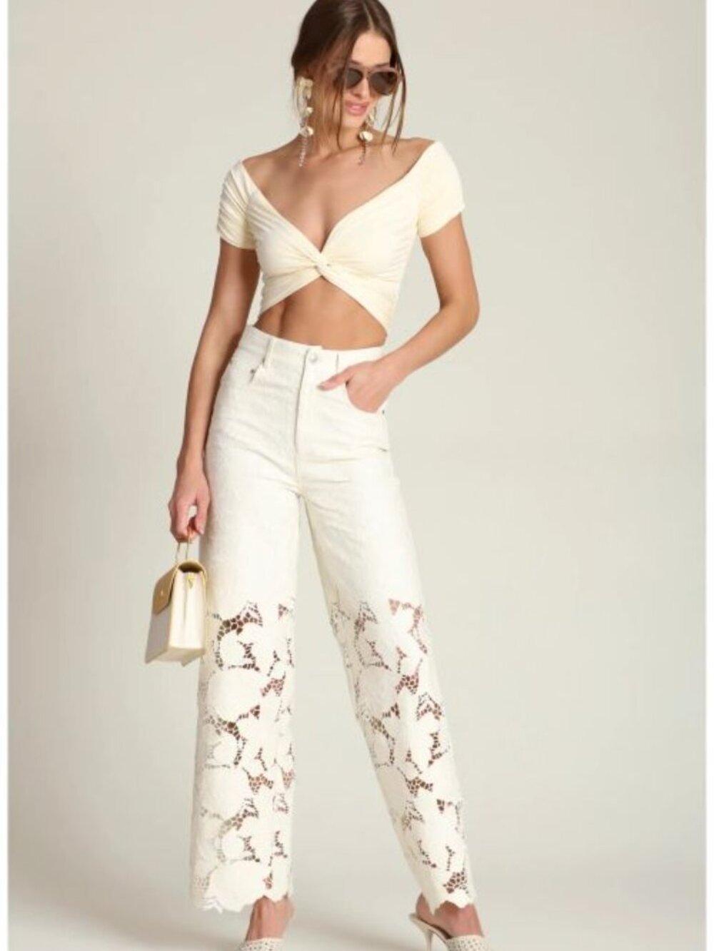 NWT Avec Les Filles Cream Lace Straight Leg Jeans Size 30